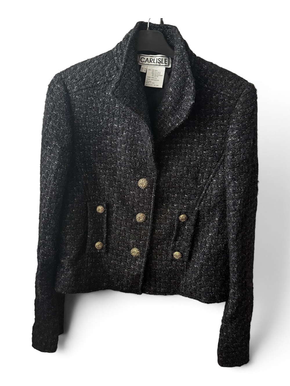 CARLISLE BLACK TEXTURED TWEED MILITARY JACKET | Wool Blend